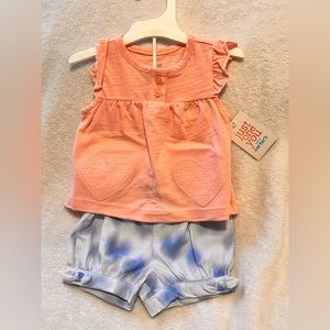 Baby Girl Pink Heart Top Shirt & Short Set Blue Heart Shape Tie-Dye Bottoms 3M